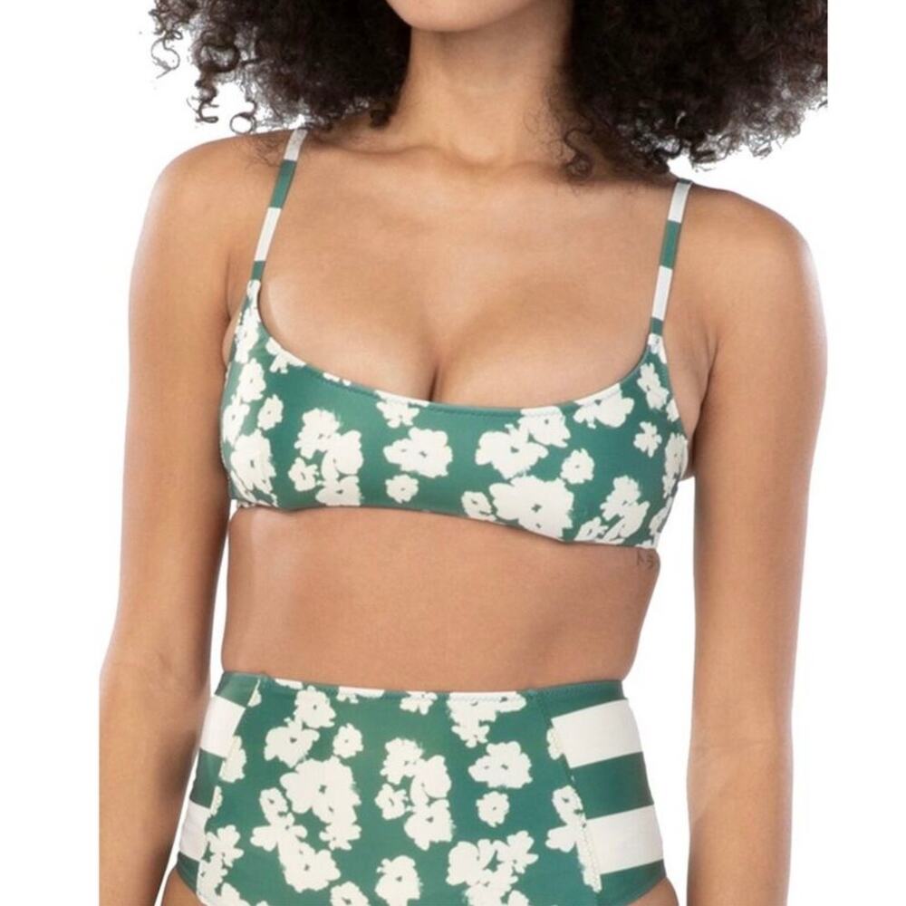 Tanya Taylor Kaia Green White Floral Bikini Top NWT Size XL